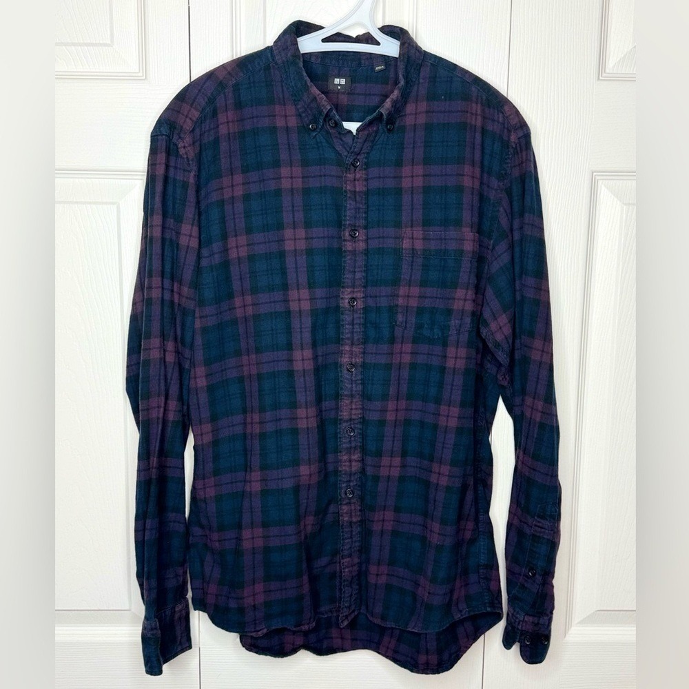 Uniqlo Mens Purple Navy Blue‎ Plaid Flannel Button Down Shirt Medium